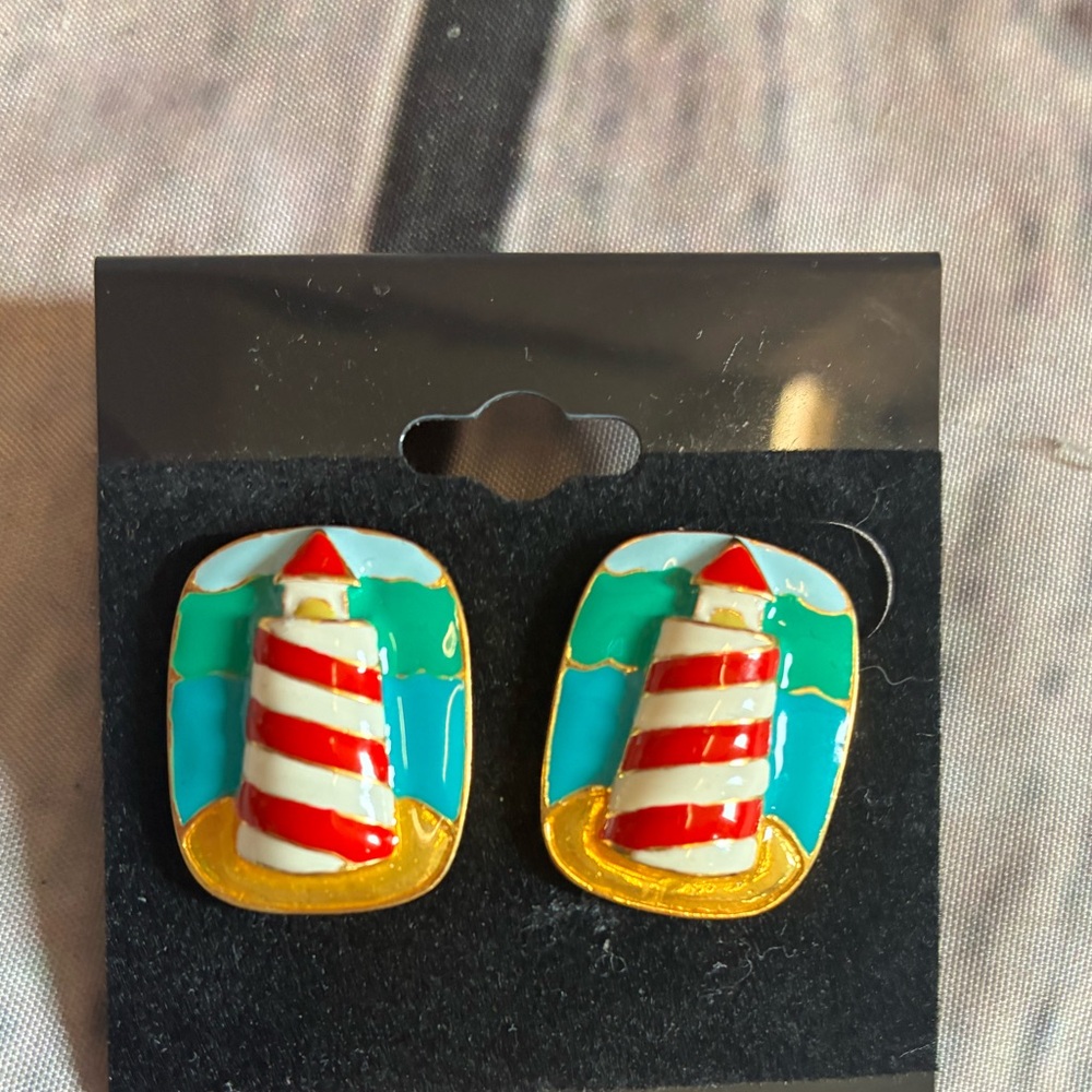 5/$20 VTG Lighthouse Ceramic Pierced‎ Earrings 3D Nautical Ocean Accessories EUC